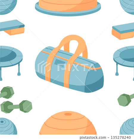 Flat seamless pattern with sport and fitness equipment. Dumbbells, gym bags, and workout objects in a colorful design. Exercise tools repeat in a dynamic layout, perfect for fabric, wallpaper, or Flat seamless pattern with sport and fitness equipment. Dumbbells, gym bags, and workout objects in a colorful design. Exercise tools repeat in a dynamic layout, perfect for fabric, wallpaper, or 135278240