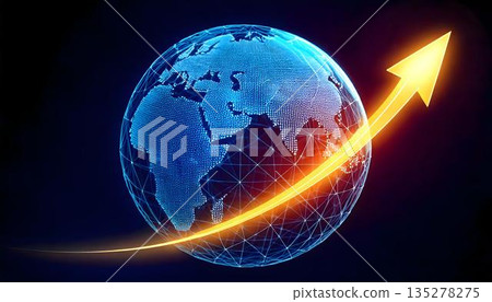 A graph showing global growth with an arrow pointing up at a globe 135278275