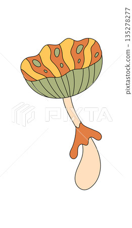 Groovy retro psychedelic mushroom cartoon with orange and colorful funky shape. Trippy groovy element in y2k and pop style, creative playful for vintage artistic themes abstract modern Groovy retro psychedelic mushroom cartoon with orange and colorful funky shape. Trippy groovy element in y2k and pop style, creative playful for vintage artistic themes abstract modern 135278277