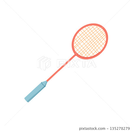Flat style badminton racket sticker. Sports equipment for gym and workout, ideal for court games and hobby players. Vibrant accessory fitness athletes in minimal, colorful format. 135278279