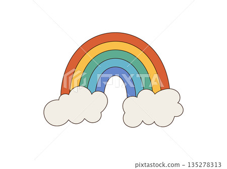Groovy retro cartoon rainbow sticker in flat style. Playful cloud and colorful arch shape add a happy touch. Groovy element and y2k accent in a fun, cheerful, retro cartoon patch. Groovy retro cartoon rainbow sticker in flat style. Playful cloud and colorful arch shape add a happy touch. Groovy element and y2k accent in a fun, cheerful, retro cartoon patch. 135278313
