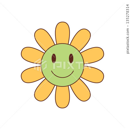 Groovy retro cartoon flower sticker with a happy smile and cute yellow petals. This sunshine groovy element adds y2k vintage charm and positive energy, ideal for playful themes or cheerful design Groovy retro cartoon flower sticker with a happy smile and cute yellow petals. This sunshine groovy element adds y2k vintage charm and positive energy, ideal for playful themes or cheerful design 135278314