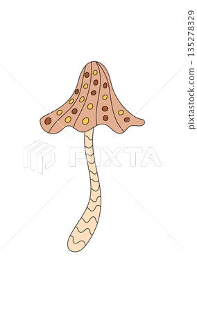 Groovy y2k mushroom sticker in psychedelic cartoon graphic style and trippy magic shroom look. Funky groovy element with retro colors, creative for playful art or pop fantasy design accents. 135278329