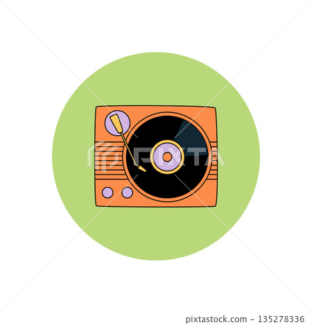 Groovy retro music sticker label in a colorful circle. Y2k record player seal with lid detail, package accent for creative projects. Vintage style and playful package emblem for modern branding. Groovy retro music sticker label in a colorful circle. Y2k record player seal with lid detail, package accent for creative projects. Vintage style and playful package emblem for modern branding. 135278336
