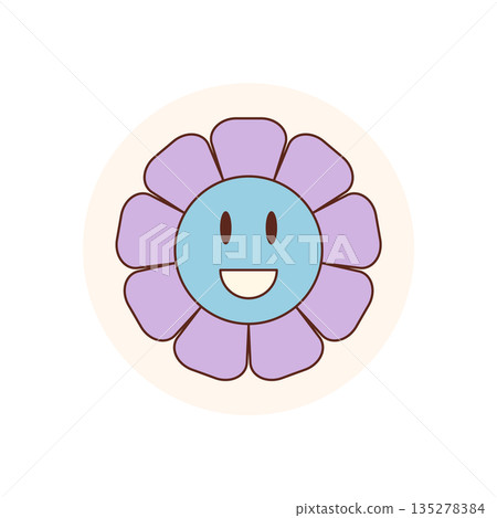 Groovy retro flower smiley sticker with a happy cartoon face in a colorful circle. Cute y2k package lid for sealing or labeling, vibrant and playful product accent. Groovy retro flower smiley sticker with a happy cartoon face in a colorful circle. Cute y2k package lid for sealing or labeling, vibrant and playful product accent. 135278384