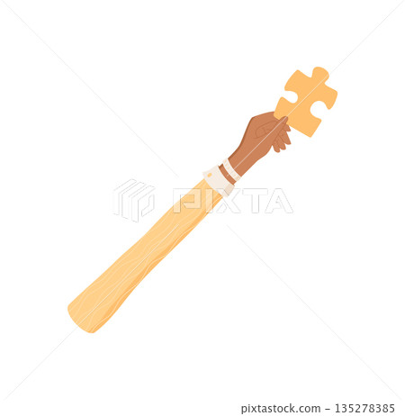 Flat cartoon graphic style raised hand holding a puzzle piece. The jigsaw piece acts as a symbol of teamwork, solution, and support. Abstract creative idea with focus on collaboration. Flat cartoon graphic style raised hand holding a puzzle piece. The jigsaw piece acts as a symbol of teamwork, solution, and support. Abstract creative idea with focus on collaboration. 135278385