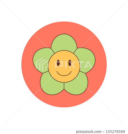 Groovy retro sticker with happy smiley flower in colorful round cartoon graphic style. Package seal as cute groovy element, y2k and pop, perfect for a playful positive box label. 135278389