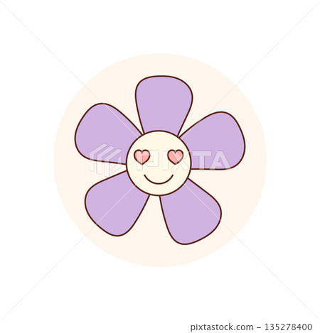 Groovy retro flower sticker label with pink heart smiley in cartoon graphic style. Circle shape badge as playful seal for package or lid, blending y2k feel with positive, fun vibe for trendy Groovy retro flower sticker label with pink heart smiley in cartoon graphic style. Circle shape badge as playful seal for package or lid, blending y2k feel with positive, fun vibe for trendy 135278400
