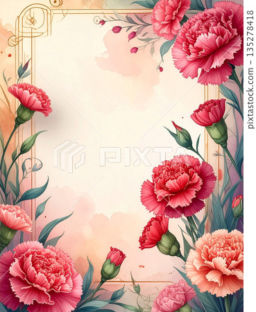 古董相框上點綴著康乃馨，營造出優雅的背景，用來表達感激之情。 135278418