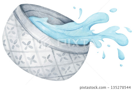 Watercolor Illustration of Water Pouring from Bowl. Thai Songkran Festival 135278544