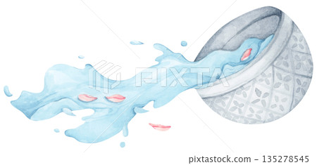 Watercolor Illustration of Water Pouring from Bowl. Thai Songkran Festival 135278545