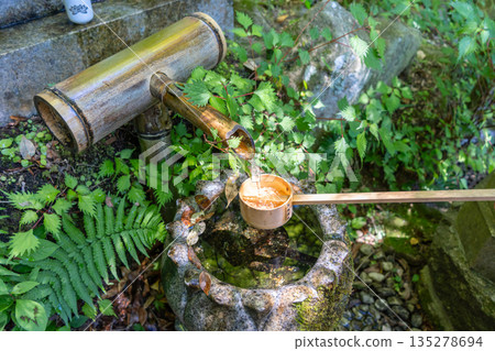 Hishaku ladle and chozuya fountain at Mitaki-Dera in Hiroshima 135278694