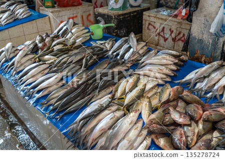 Fresh fish at Pasar Bolu market in Rantepao, Toraja, Sulawesi, Indonesia 135278724