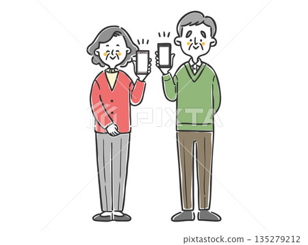 Senior couple holding a smartphone, full body vector 135279212