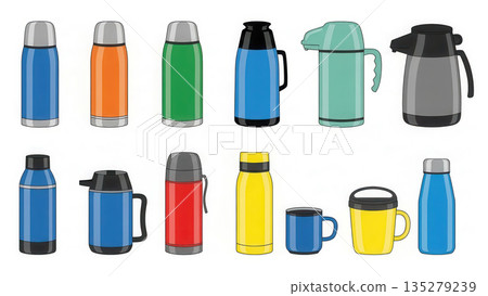 Collection of colorful thermoses and mugs in various shapes and sizes, showcasing modern designs and functionality for beverage storage and outdoor activities 135279239