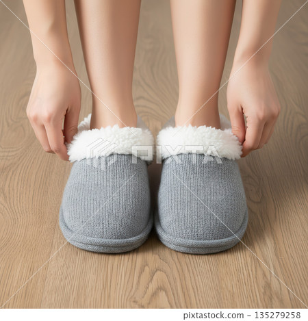 Cozy gray slippers with fluffy white lining are being worn by hands gently adjusting them on a wooden floor, creating a warm and inviting atmosphere for relaxation 135279258