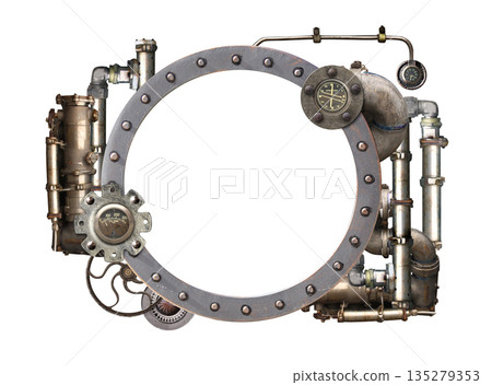 Round metallic frame with vintage metal details, pipelines, gear, retro rivets. Isolated on white background. Mock up template. Copy space. Can be used for steampunk, industrial, mechanical design Round metallic frame with vintage metal details, pipelines, gear, retro rivets. Isolated on white background. Mock up template. Copy space. Can be used for steampunk, industrial, mechanical design 135279353