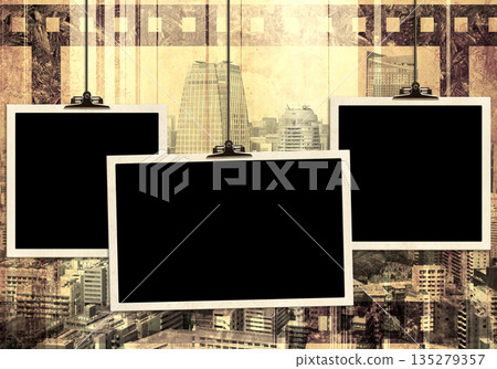 Grunge background with old paper texture, retro filmstrip frame and skyscrapers. Horizontal retro banner with film reel and urban scene. Vintage retro backdrop with paper texture and metropolis Grunge background with old paper texture, retro filmstrip frame and skyscrapers. Horizontal retro banner with film reel and urban scene. Vintage retro backdrop with paper texture and metropolis 135279357