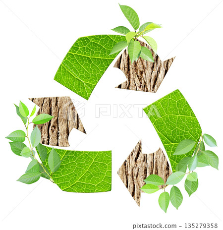 Arrows recycle symbol with bark and green leaf. Reuse, renewable resources. Eco-friendly, Ecology, go green, Green Energy, environmental, zero waste, responsible consumption concept Arrows recycle symbol with bark and green leaf. Reuse, renewable resources. Eco-friendly, Ecology, go green, Green Energy, environmental, zero waste, responsible consumption concept 135279358