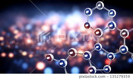 Vertical or horizontal banner with model of abstract molecular structure. Background of blue color with glass atom model. Copy space for your text. 3d render Vertical or horizontal banner with model of abstract molecular structure. Background of blue color with glass atom model. Copy space for your text. 3d render 135279359