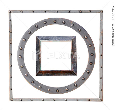 Set of Metallic retro square and round frame with vintage rivets. Isolated on white background. Can be used for steampunk, mechanical design and industrial aesthetics. Vintage-inspired metal frames 135279370