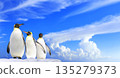 Horizontal banner with three emperor penguins on blue sky background. Polar nature banner featuring three emperor penguins against a backdrop of a blue sky. Copy space for text. Mock up template 135279373