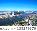 Network connection concept. Aerial view on cityscape of Seoul with white location pin. Top view of capital of South Korea. Global positioning system pin map. Modern travel, sightseeing and tourism 135279379