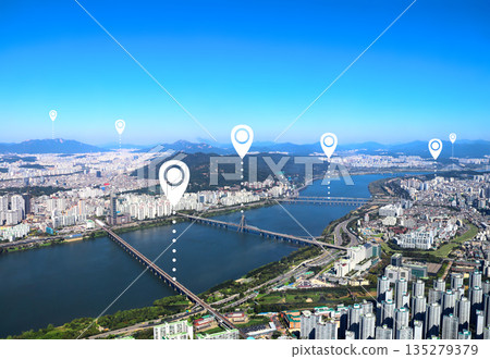 Network connection concept. Aerial view on cityscape of Seoul with white location pin. Top view of capital of South Korea. Global positioning system pin map. Modern travel, sightseeing and tourism 135279379