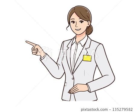 一幅友好簡潔的插圖,描繪了一位身著職業套裝的職業女性面帶微笑地指路。 一幅友好簡潔的插圖,描繪了一位身著職業套裝的職業女性面帶微笑地指路。 135279582