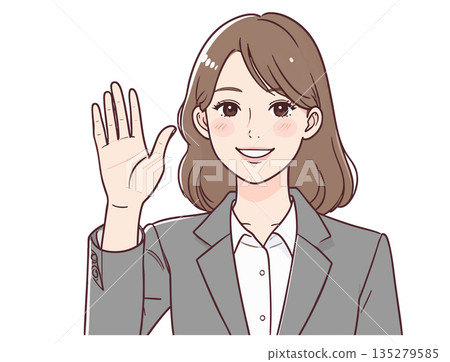 一幅友好簡潔的插圖,描繪了一位身著職業套裝的職業女性面帶微笑地指路。 一幅友好簡潔的插圖,描繪了一位身著職業套裝的職業女性面帶微笑地指路。 135279585