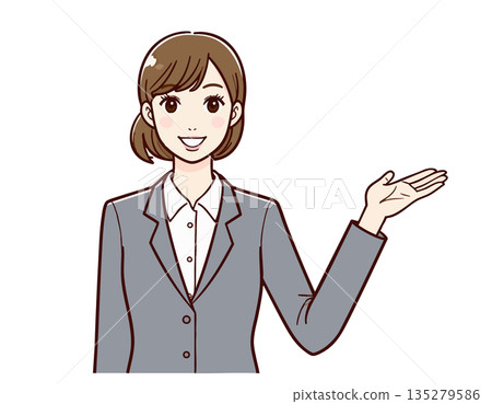 一幅友好簡潔的插圖，描繪了一位身著職業套裝的職業女性面帶微笑地指路。 135279586