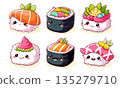 Set of cute sushi and rolls in kawaii style. Japanese traditional cuisine dishes. Can be used for t-shirt print, sticker, greeting card, menu design. Vector EPS8 135279710