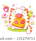 Cute white cat eat pizza. Square card with kawaii fat kitty are happy to pizza. Italian traditional cuisine dishes. Can be used for t-shirt print, sticker, greeting card, menu design. Vector EPS8 135279711