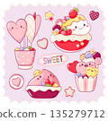Set of stickers with cute dessert in kawaii style. Cake, muffin, cupcake with whipped cream and strawberry. Can be used for t-shirt print, sticker, greeting card. Vector EPS8 135279712
