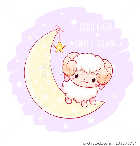 Cute baby lamb on moon. Inscription Good night and sweet dreams. Cartoon little sheep on crescent. Can be used for for childish t-shirt prints, nursery poster, baby shower greeting card. Vector EPS8 Cute baby lamb on moon. Inscription Good night and sweet dreams. Cartoon little sheep on crescent. Can be used for for childish t-shirt prints, nursery poster, baby shower greeting card. Vector EPS8 135279714