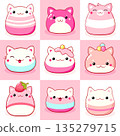 Set of traditional Chinese animal-shaped mantou buns. Collection of cute cat-shaped asian dessert in kawaii style. Can be used for t-shirt print, sticker, greeting card. Vector illustration EPS8 135279715