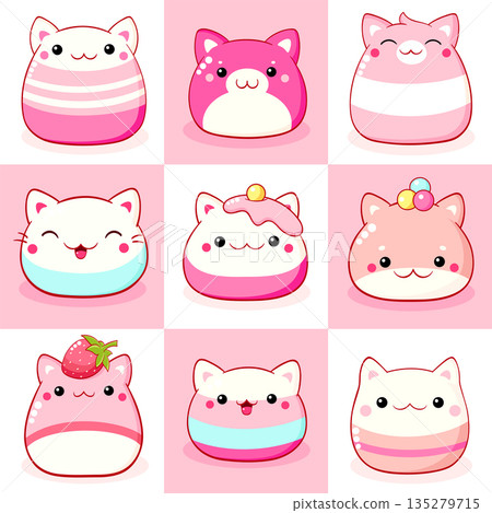Set of traditional Chinese animal-shaped mantou buns. Collection of cute cat-shaped asian dessert in kawaii style. Can be used for t-shirt print, sticker, greeting card. Vector illustration EPS8 Set of traditional Chinese animal-shaped mantou buns. Collection of cute cat-shaped asian dessert in kawaii style. Can be used for t-shirt print, sticker, greeting card. Vector illustration EPS8 135279715