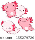 Set of axolotl in kawaii style. Lovely axolotl baby in different poses. Cute axolotl expression sheet collection. Can be used for t-shirt print, sticker, greeting card. Vector illustration EPS8 135279720