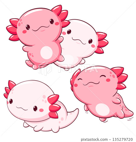 Set of axolotl in kawaii style. Lovely axolotl baby in different poses. Cute axolotl expression sheet collection. Can be used for t-shirt print, sticker, greeting card. Vector illustration EPS8 135279720