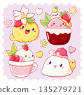 Set of stickers with cute dessert in kawaii style. Cake, jelly, muffin, cupcake with whipped cream and strawberry. Can be used for t-shirt print, sticker, greeting card. Vector illustration EPS8 135279721