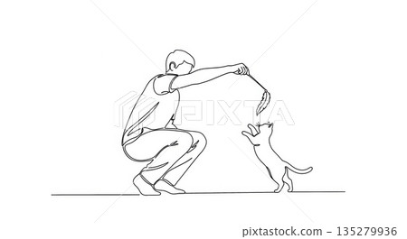 Line art illustration of a person playing with a cat using a toy, capturing a joyful moment of interaction and companionship in a minimalist style 135279936