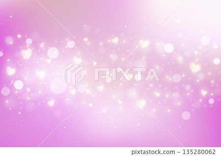 Soft pink bokeh background with glowing hearts, light effects and pastel purple sparkles. Dreamy fantasy atmosphere perfect for magical celebrations and fairy-tale designs. Vector illustration 135280062