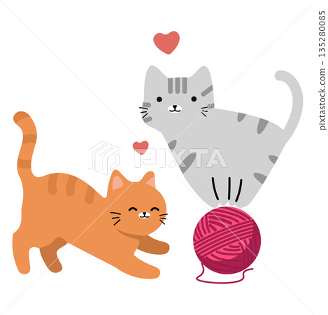 Two Cats Playing with Yarn Ball Two Cats Playing with Yarn Ball 135280085