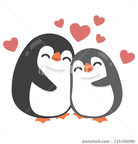 Couple Penguins Embracing with Hearts 135280090