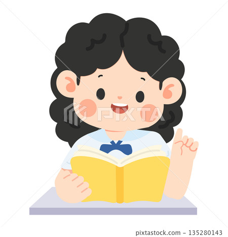 Cute Girl Character Reading Book at Desk Studying Illustration Cute Girl Character Reading Book at Desk Studying Illustration 135280143