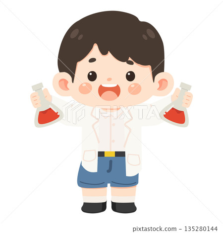 Cute Boy Scientist Character Holding Chemical Beakers for Science Experiment 135280144