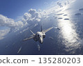 A cutting-edge fighter jet flies over an aircraft carrier strike group. 135280203