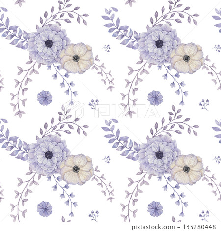 Watercolor seamless pattern with charming purple flower 135280448