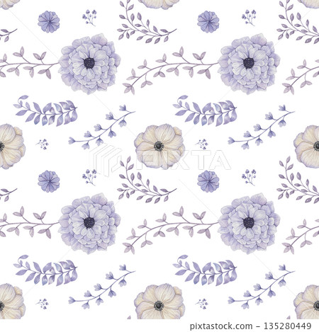 Watercolor seamless pattern with charming purple flower 135280449