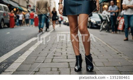 A woman in a miniskirt walking down a busy street A woman in a miniskirt walking down a busy street 135280461
